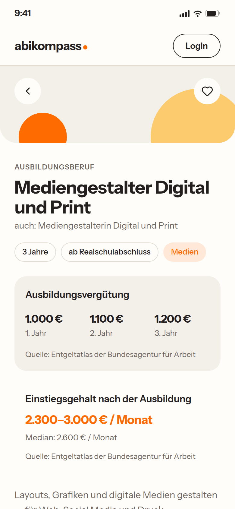 Abikompass App: Berufsbild mit Ausbildungsvergütung und Einstiegsgehalt