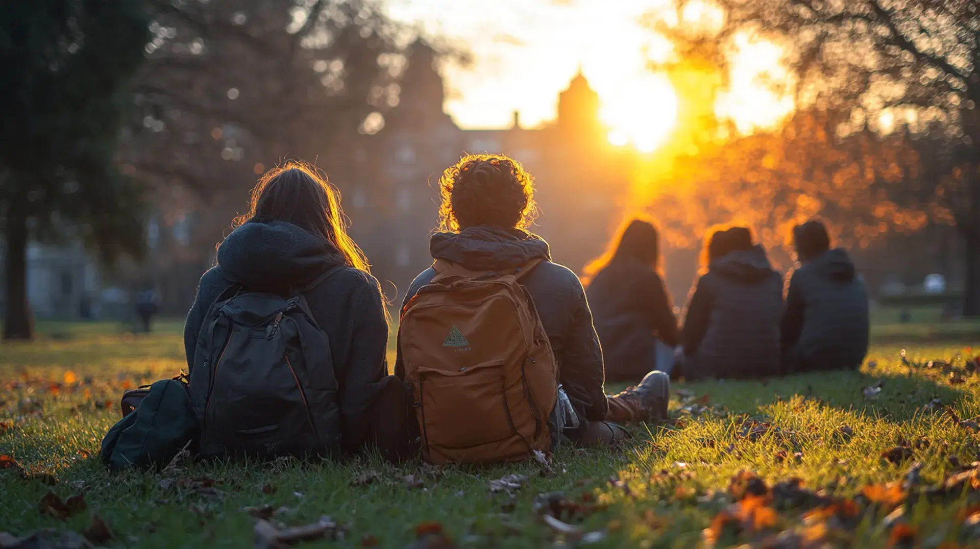 Eine Gruppe Jugendlicher sitzt im Abendlicht auf einer Wiese